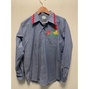 Vintage The Frog Pond Womens Top Large Chambray Floral Applique Art to Wear 70s